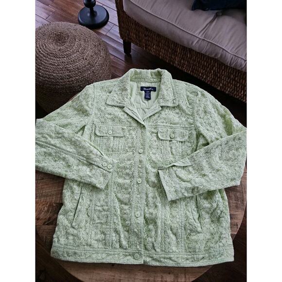 Denim & Co Sz Large Romantic LIME Green Lace Floral Jacket Button Up Pockets - Picture 2 of 7